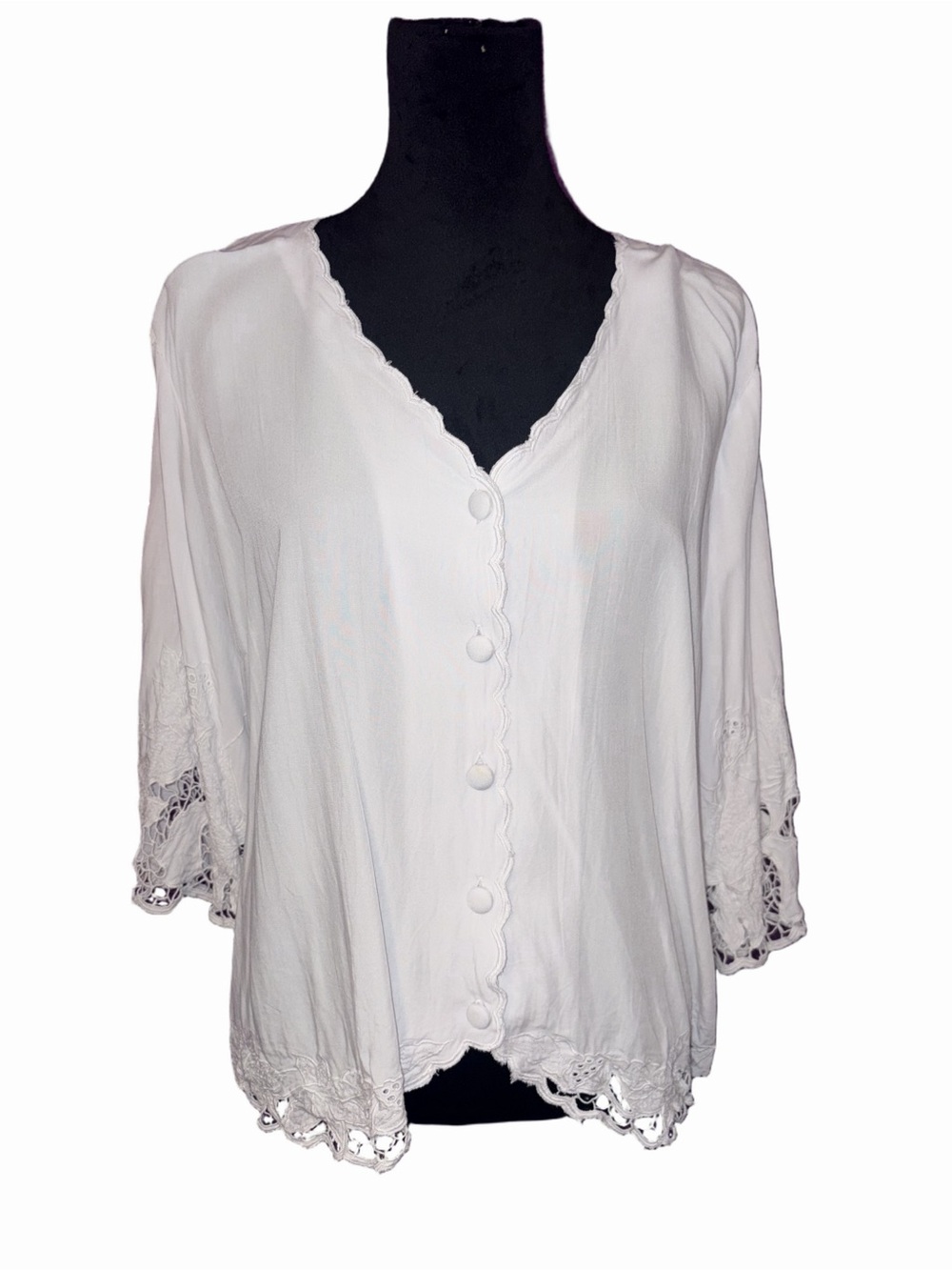 🆕💜 Soft Surroundings White Lace Trim Rayon Button Front Blouse 3/4 Sleeve